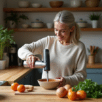 Femme versant soupe dans un bol en cuisine chaleureuse