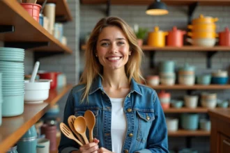 Femme souriante avec ustensiles de cuisine dans un magasin