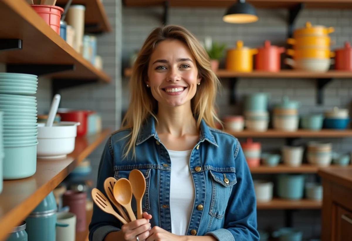 Femme souriante avec ustensiles de cuisine dans un magasin