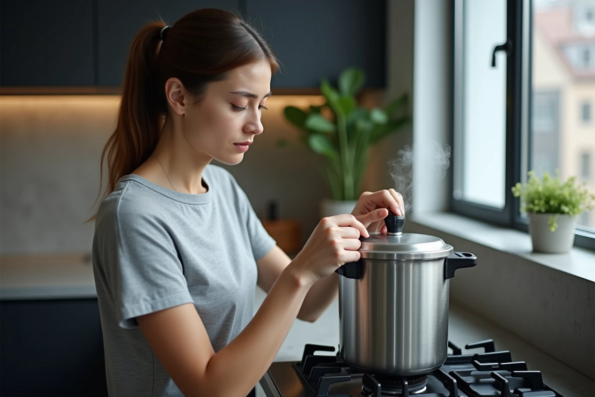 Femme relâchant la pression d'une cocotte-minute après cuisson des haricots verts