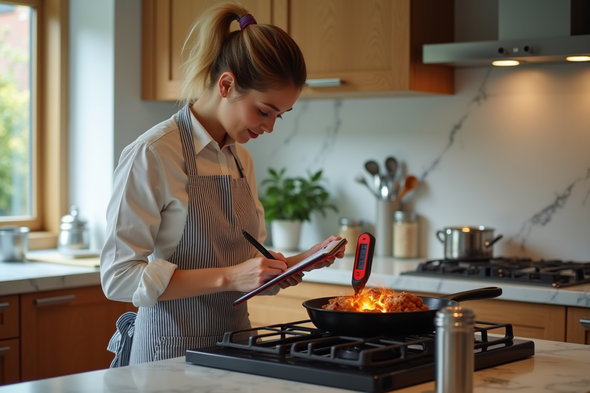 Jeune femme notant la cuisson avec un thermomètre dans une poêle