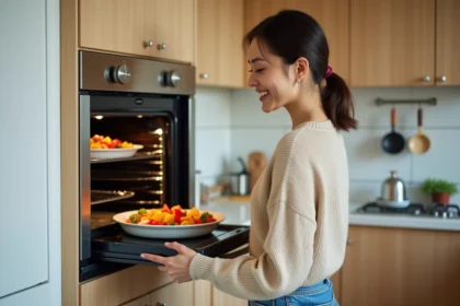 Femme souriante vérifiant légumes dans four vapeur moderne
