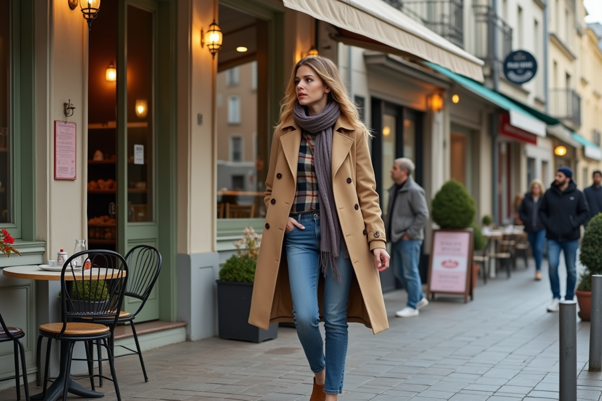 Femme quittant une pâtisserie en ville