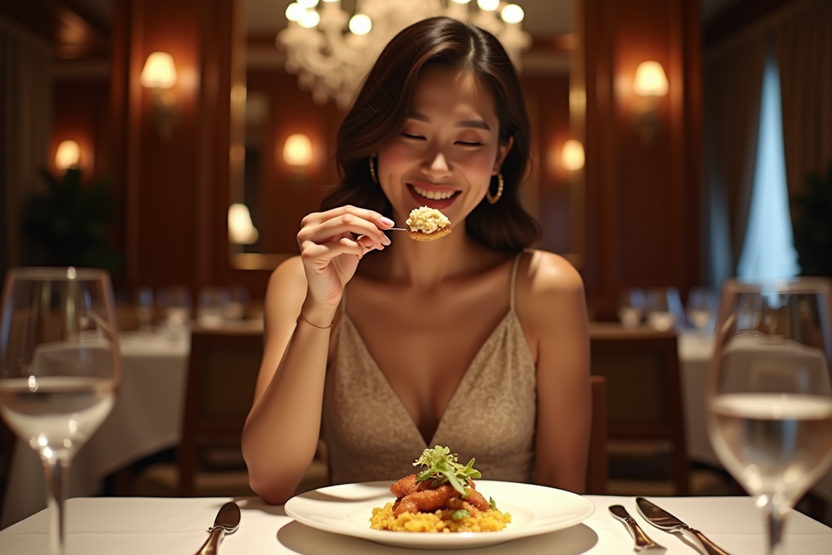 Jeune femme élégante dégustant un plat précieux