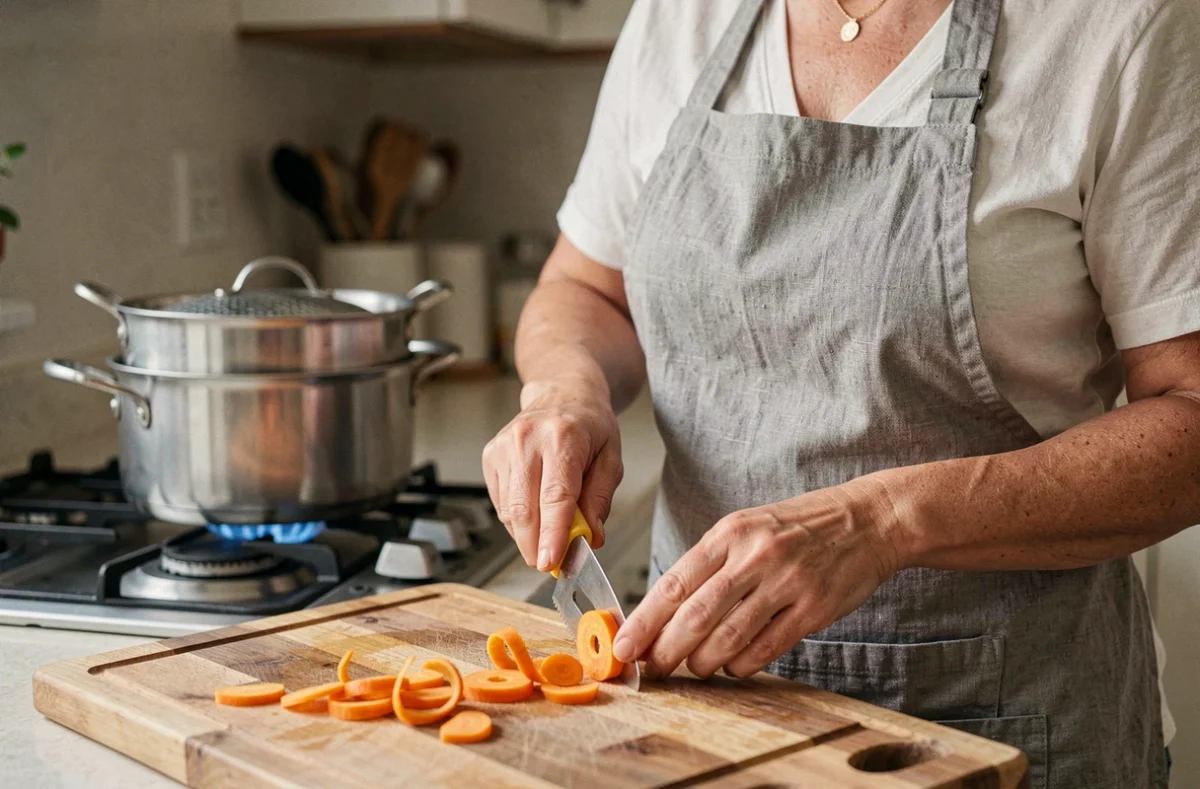 Femme épluchant des carottes fraîches sur une planche en bois avec une casserole vapeur en arrière-plan dans une cuisine maison