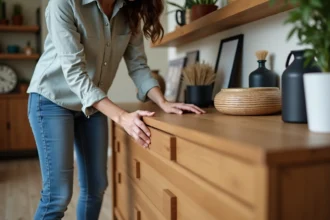Femme inspectant un meuble en bois dans un showroom moderne