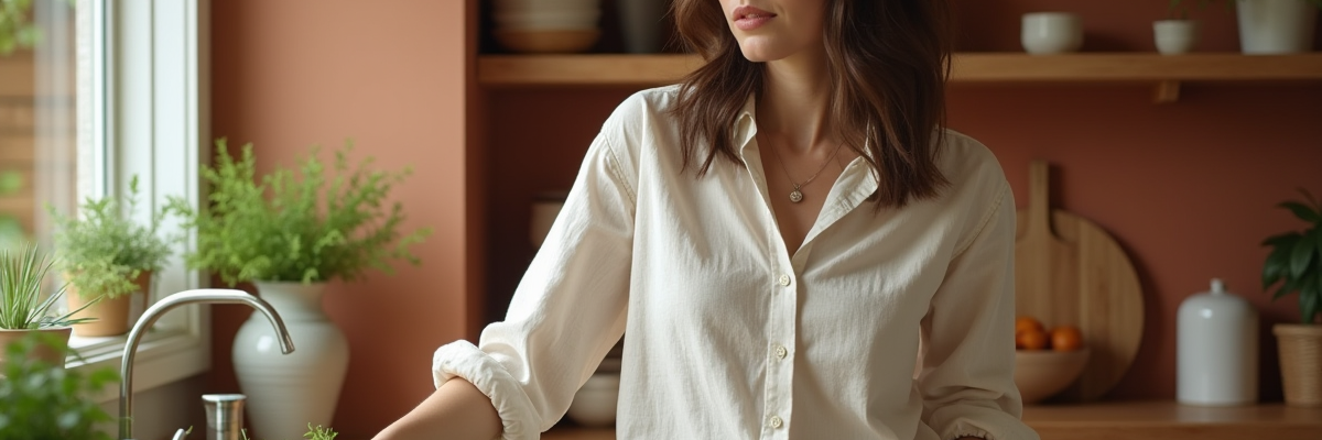 Femme choisissant des herbes fraîches dans une cuisine moderne