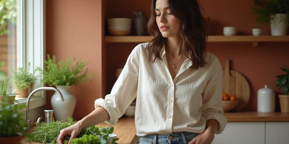 Femme choisissant des herbes fraîches dans une cuisine moderne
