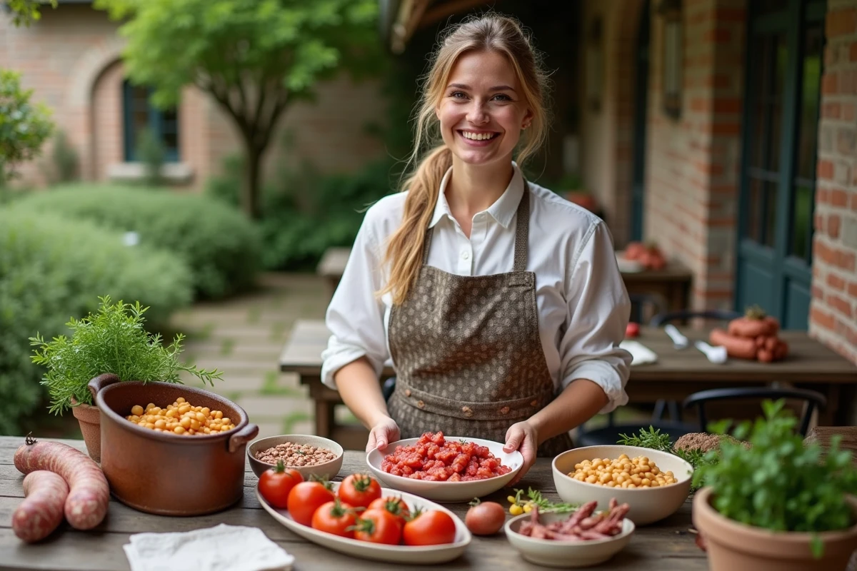 Femme arrangeant ingrédients pour cassoulet en extérieur