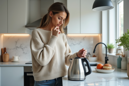 Femme regardant un bouilloire électrique dans une cuisine moderne