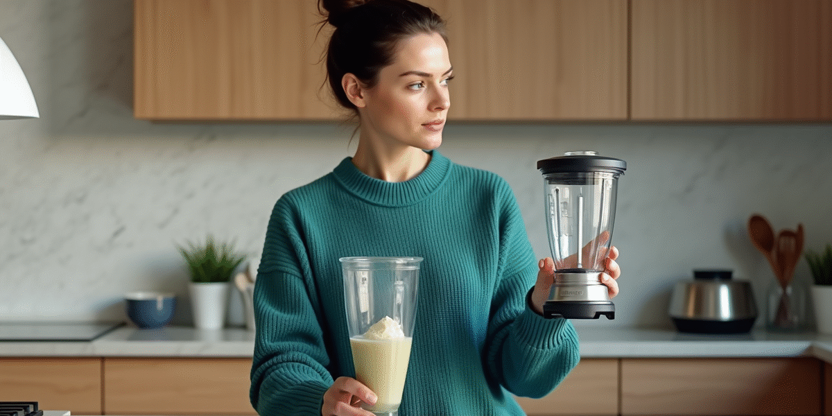 Femme compare un blender chaud et un blender classique dans la cuisine
