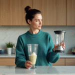 Femme compare un blender chaud et un blender classique dans la cuisine