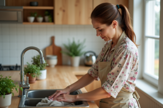 Femme d'âge moyen lavant son tablier dans une cuisine chaleureuse