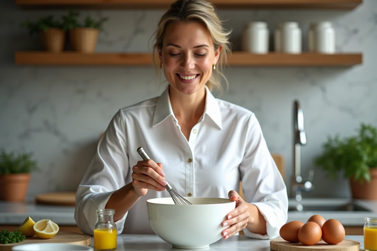 Femme en blouse blanche fouettant mayonnaise maison dans une cuisine moderne