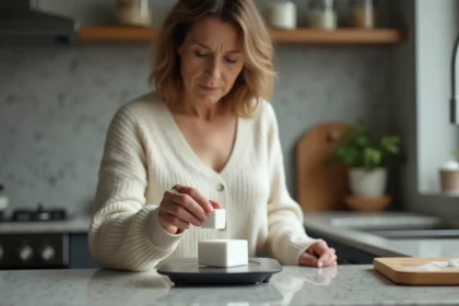 Femme mesurant un sucre cube dans une cuisine moderne