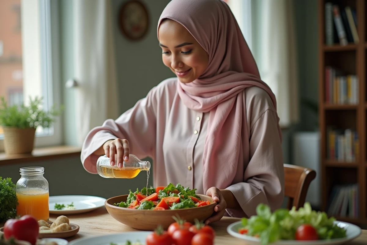 Femme musulmane verse du vinaigre halal dans une salade dans la salle à manger