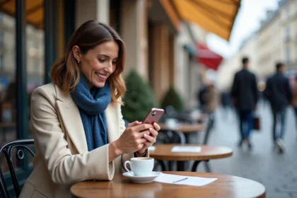 Femme élégante à Paris sirotant un café en extérieur