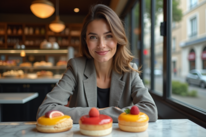 Femme élégante admirant des desserts trompe-l'oeil inspirés de Cédric Grolet