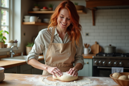 Femme d'âge moyen pétrissant la pâte dans une cuisine chaleureuse