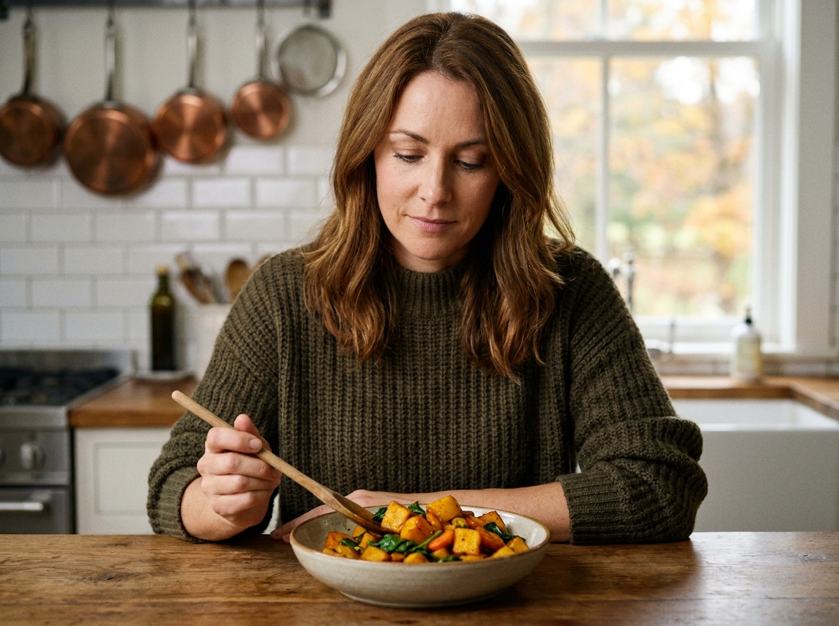 Femme préparant un bol de légumes d'automne rôtis avec courge, carottes et épinards dans une cuisine chaleureuse, alimentation favorable à la santé oculaire