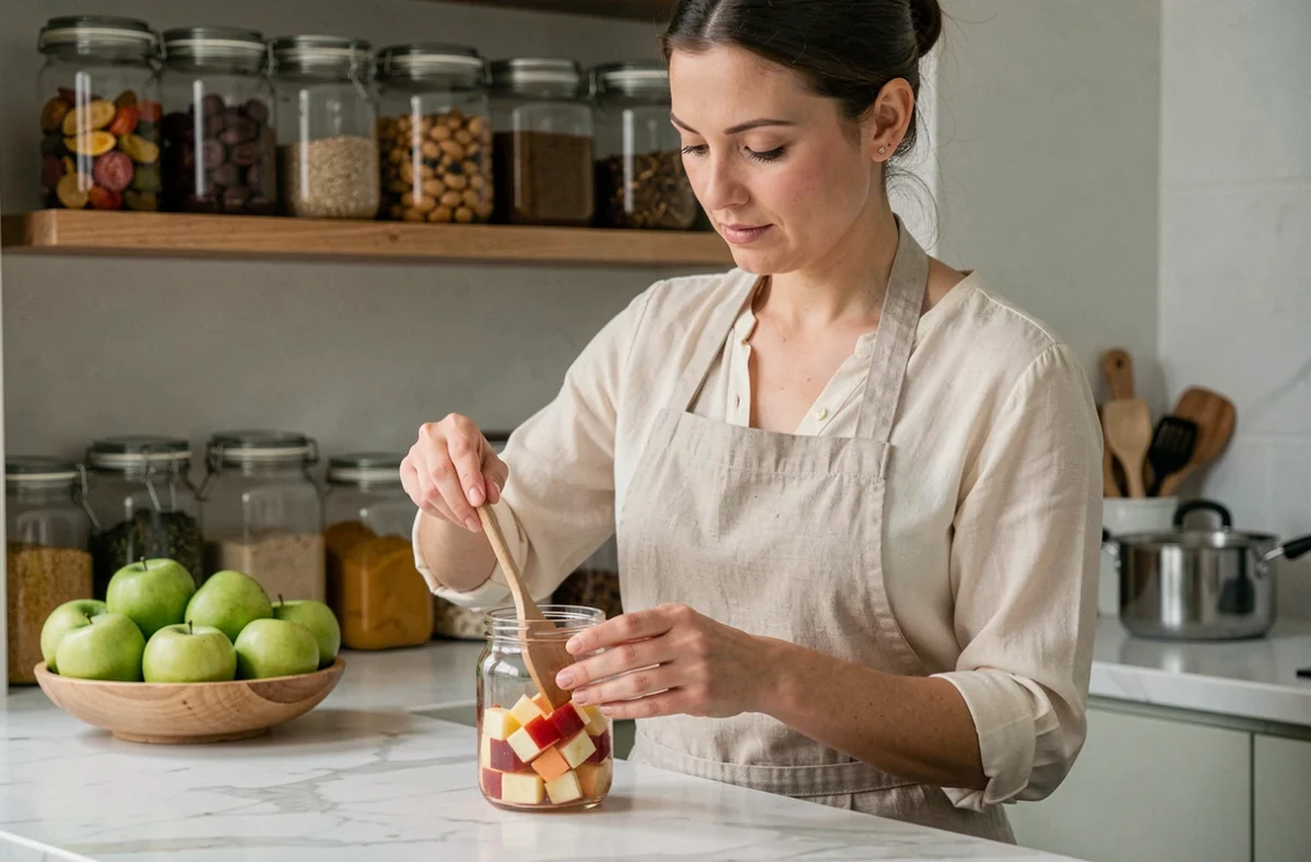 Femme en tablier de lin préparant des pâtes de fruit à la pomme maison et les plaçant dans un bocal en verre sur un plan de travail en marbre