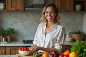 Femme souriante préparant des légumes frais dans une cuisine moderne