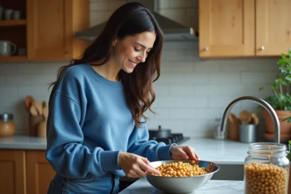 Femme en cuisine rinsant des pois chiches dans un saladier