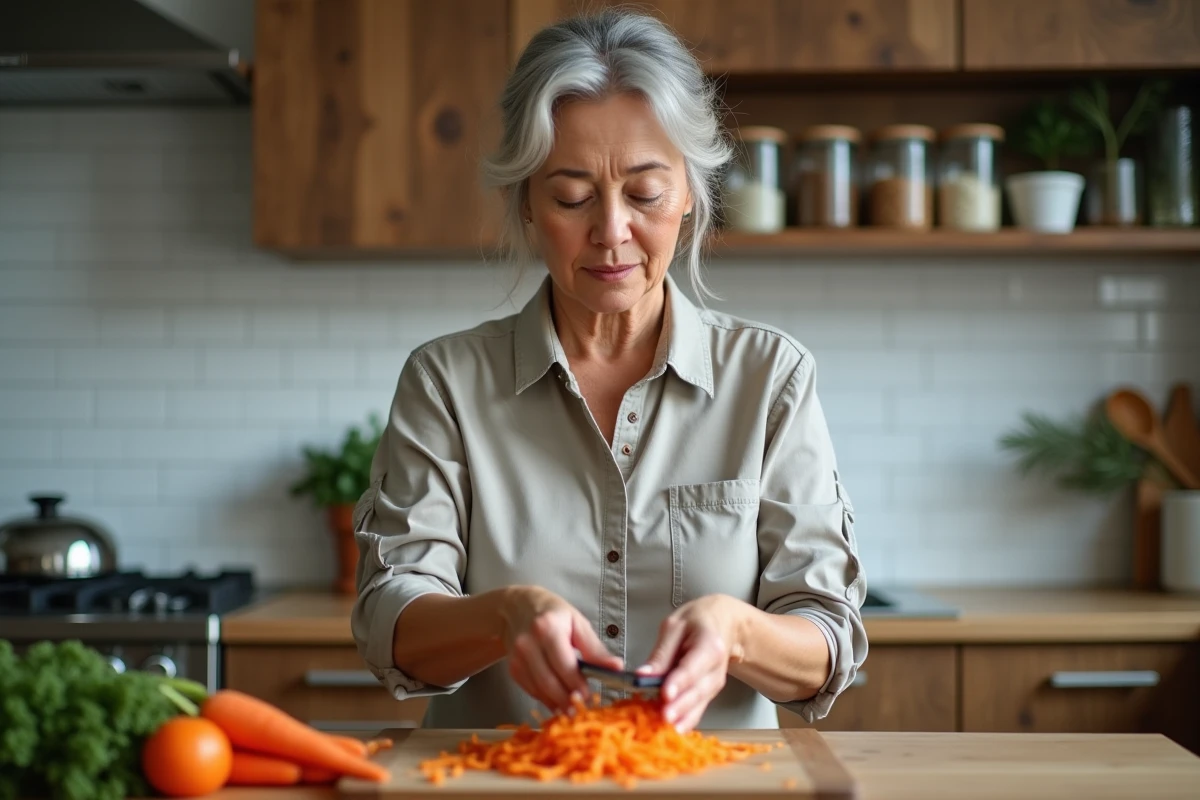 Femme en cuisine râpant des carottes fraîches