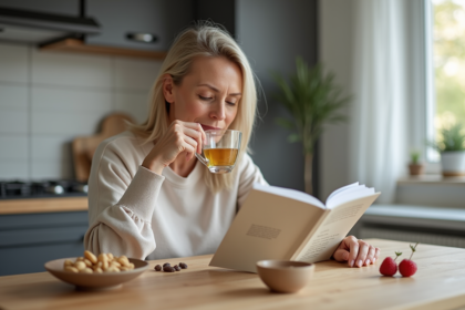 Femme méditative buvant une tisane dans une cuisine moderne