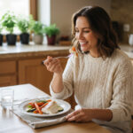 Femme souriante dégustant un repas de légumes et poisson