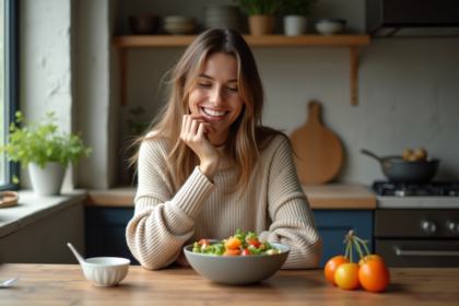 Femme souriante dégustant une salade dans une cuisine chaleureuse
