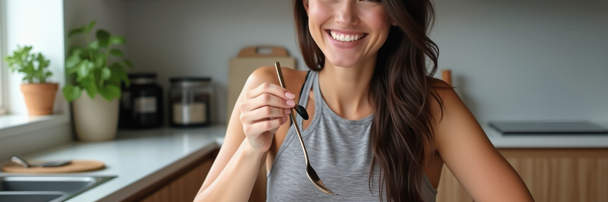 Femme souriante dégustant un bol de fruits et yogourt dans une cuisine moderne