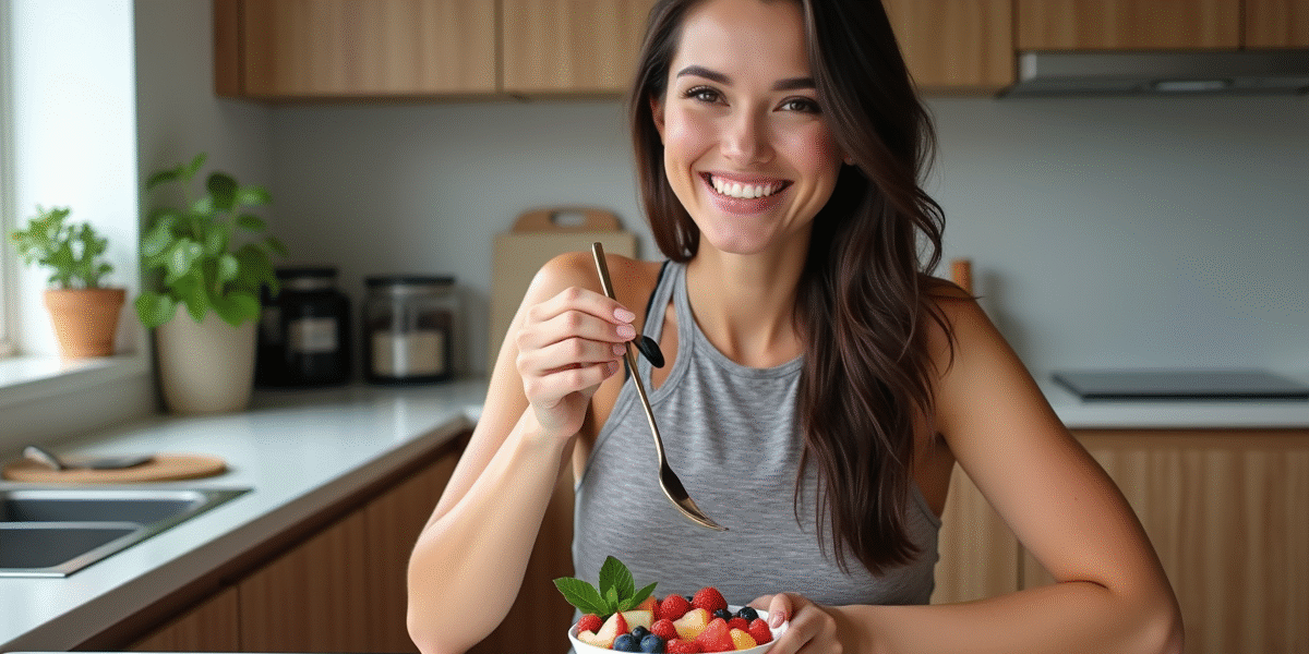 Femme souriante dégustant un bol de fruits et yogourt dans une cuisine moderne