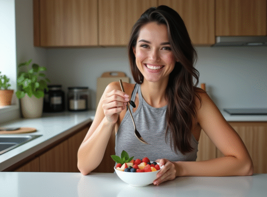 Femme souriante dégustant un bol de fruits et yogourt dans une cuisine moderne