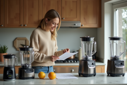 Femme choisissant un blender dans une cuisine moderne