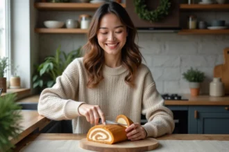 Femme souriante coupant un gâteau roulé à la crème
