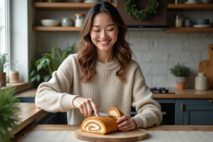 Femme souriante coupant un gâteau roulé à la crème