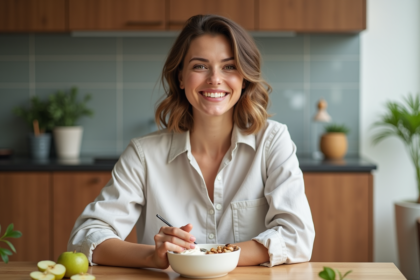 Femme détendue mangeant un snack sain dans la cuisine