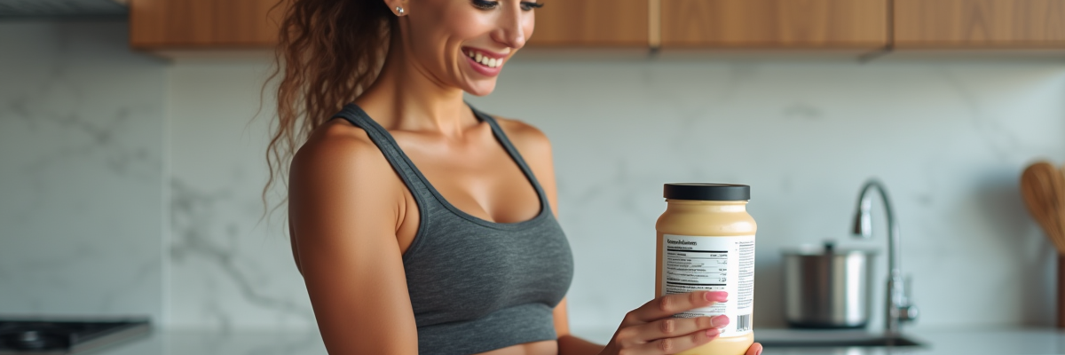 Femme souriante vérifiant étiquette nutritionnelle dans cuisine