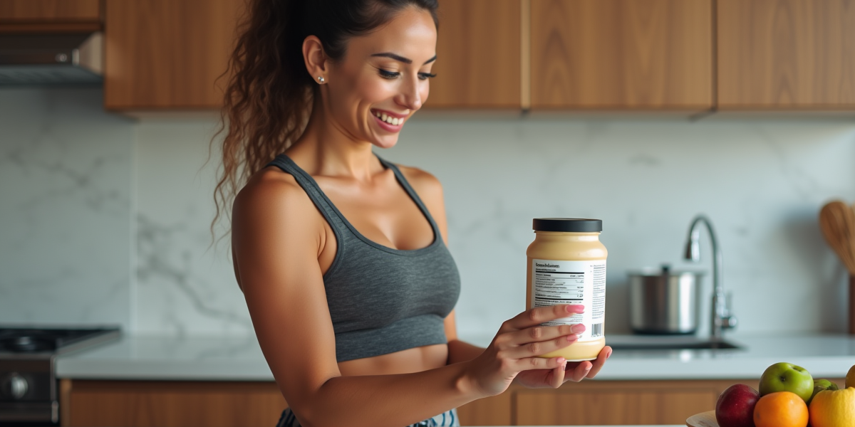 Femme souriante vérifiant étiquette nutritionnelle dans cuisine