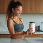 Femme souriante vérifiant étiquette nutritionnelle dans cuisine