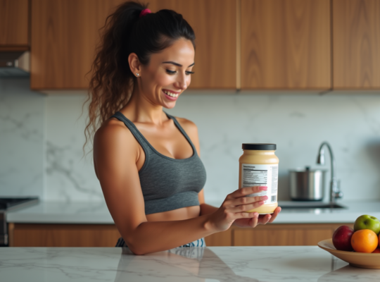 Femme souriante vérifiant étiquette nutritionnelle dans cuisine