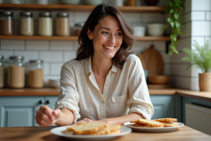 Femme souriante choisissant des pains alternatifs dans la cuisine
