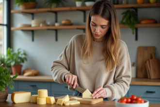 Jeune femme tranchant du fromage de chèvre dans une cuisine chaleureuse