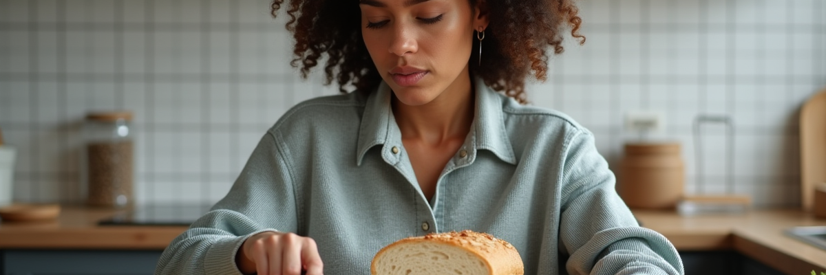 Jeune femme tranche du pain keto dans une cuisine moderne