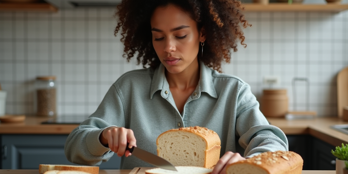 Jeune femme tranche du pain keto dans une cuisine moderne