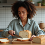 Jeune femme tranche du pain keto dans une cuisine moderne