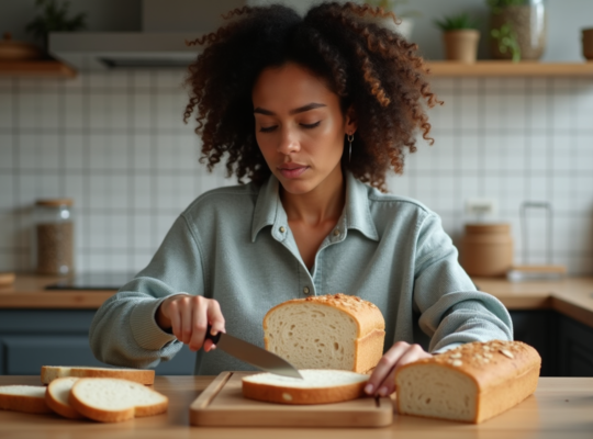 Jeune femme tranche du pain keto dans une cuisine moderne