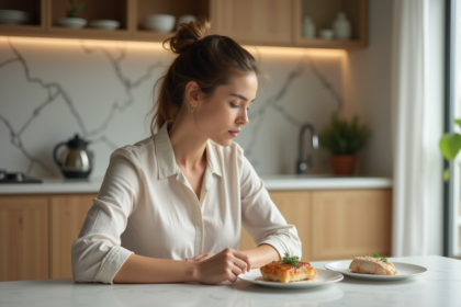 Jeune femme compare vegan et poulet traditionnel dans une cuisine moderne