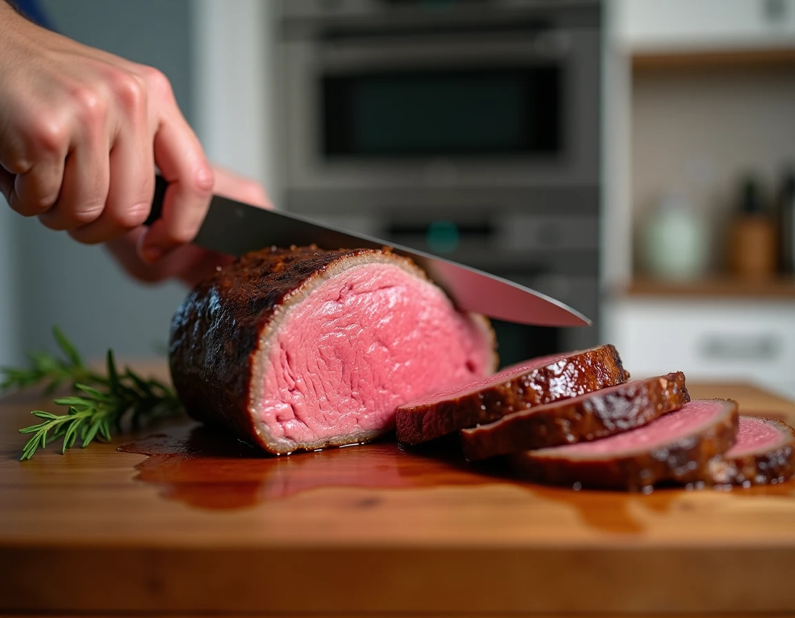 Tranche de filet mignon cuit au four révélant un intérieur rosé et juteux sur une planche à découper en bois